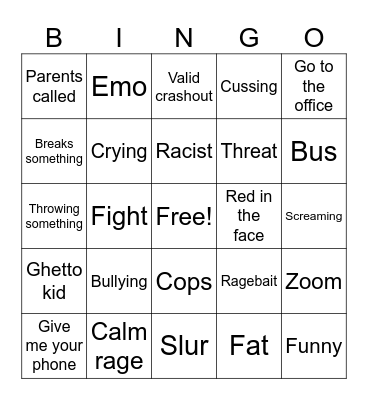 School crashout Bingo Card
