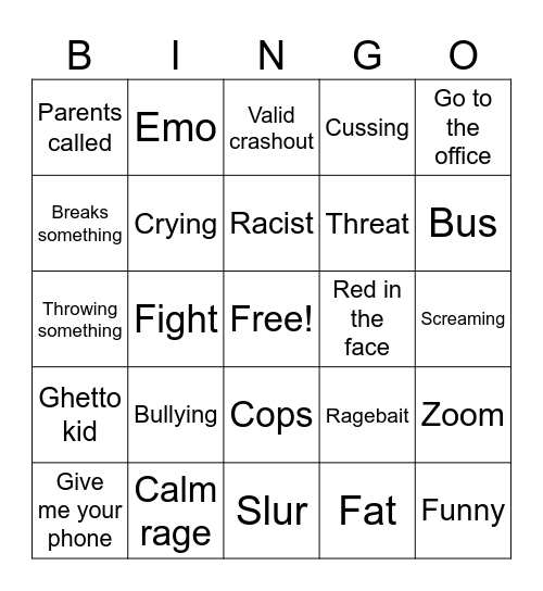School crashout Bingo Card