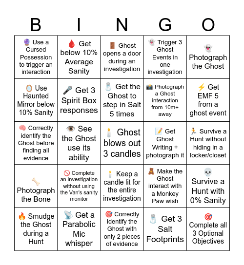 Phasmo Bingo Card