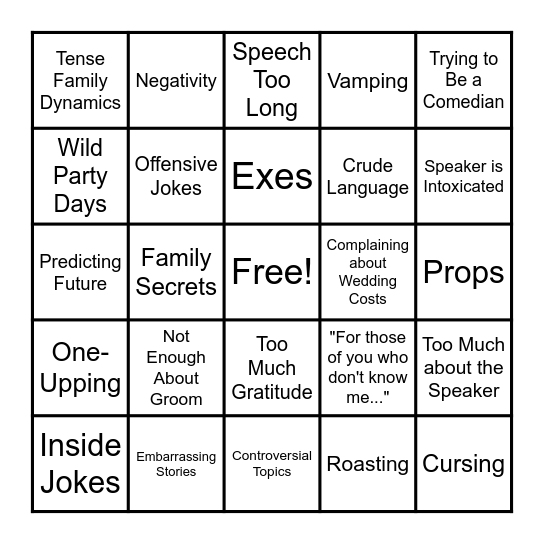 Things to Avoid in a Wedding Speech Bingo Card