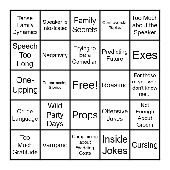Things to Avoid in a Wedding Speech Bingo Card