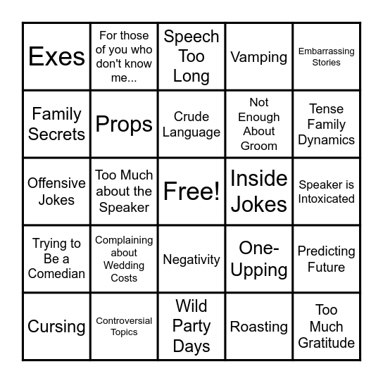Things to Avoid in a Wedding Speech Bingo Card