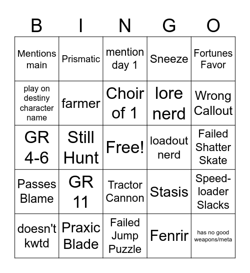 Destiny 2 Lfg Bingo Card