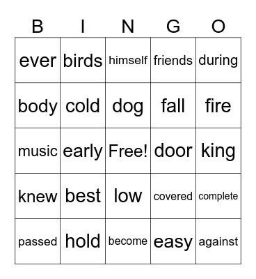 Sight Words Bingo Card