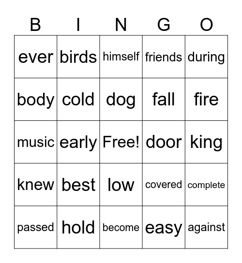 Sight Words Bingo Card