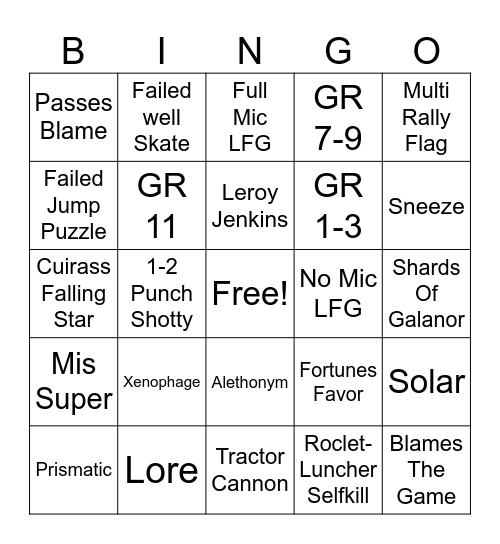 Destiny 2 Lfg Bingo Card