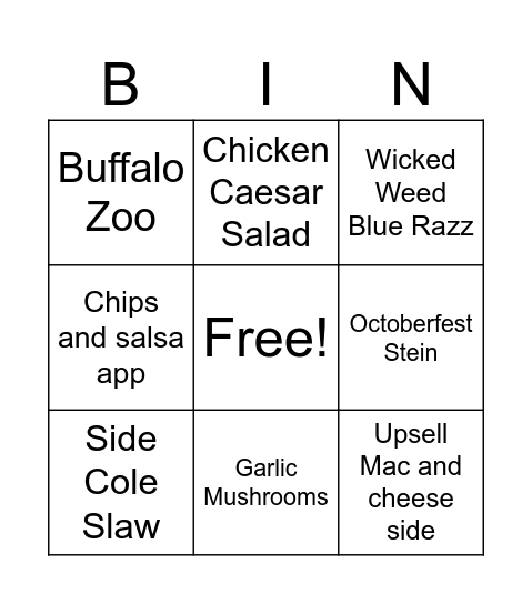 Upsell Bingo Card