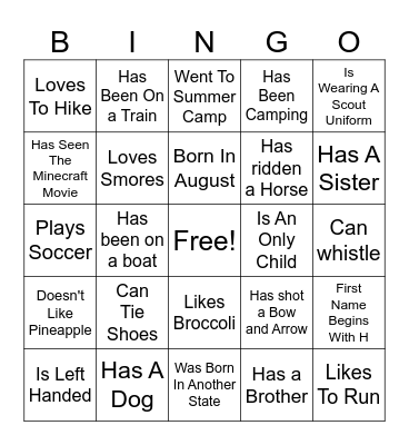 Scout "Get to know you" Bingo Card