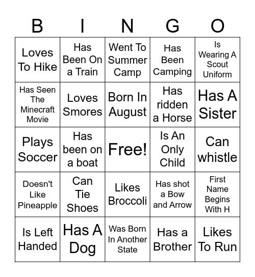 Scout "Get to know you" Bingo Card