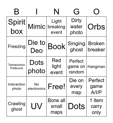 Phasmo bingo Card