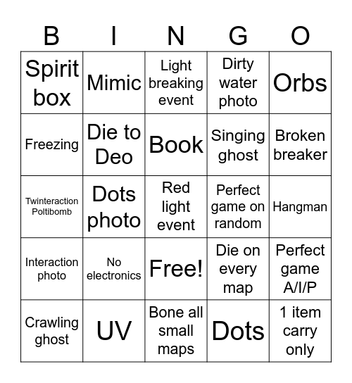Phasmo bingo Card