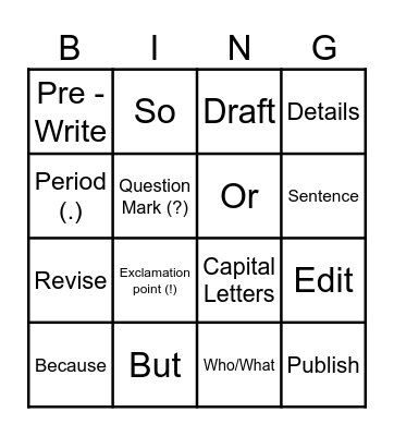 WRITING BINGO! Bingo Card
