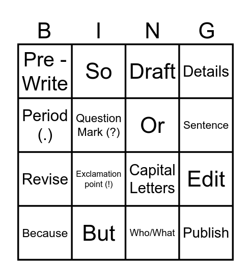 WRITING BINGO! Bingo Card