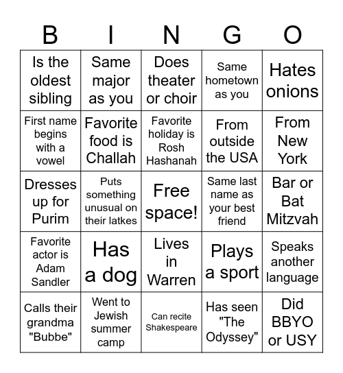 Get to know you Bingo Card