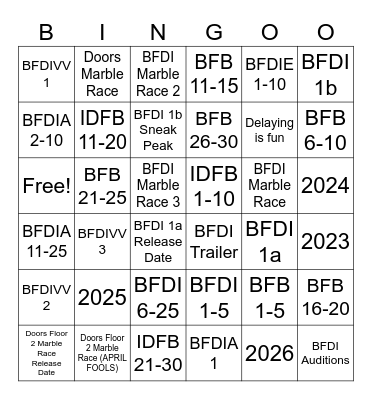 BFDI VVs + BFDI VV S1 Bingo Card
