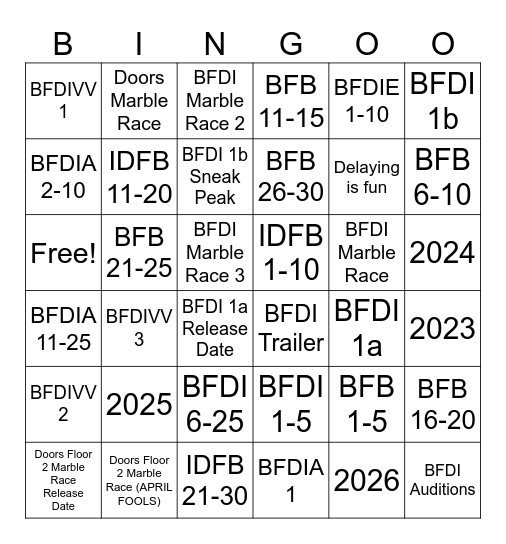 BFDI VVs + BFDI VV S1 Bingo Card