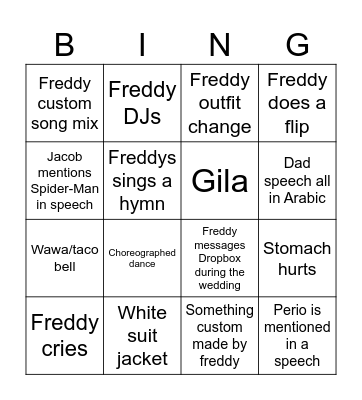 Freddys wedding Bingo Card