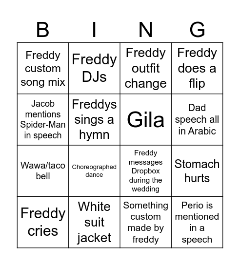 Freddys wedding Bingo Card