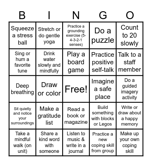 COPING SKILLS BINGO Card