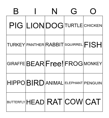 Animal Bingo Card