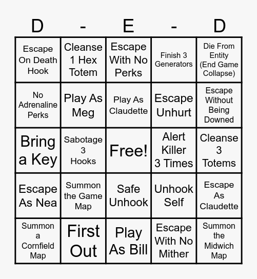 DbD Survivor BINGO Card