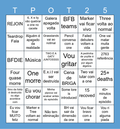TPOT 25 bingo Card