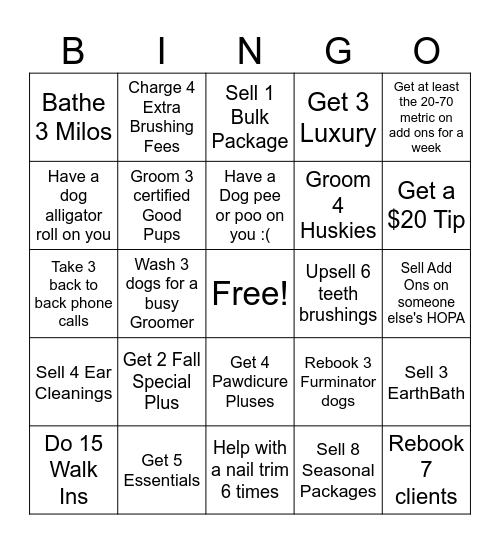 Groomer's Bingo Card