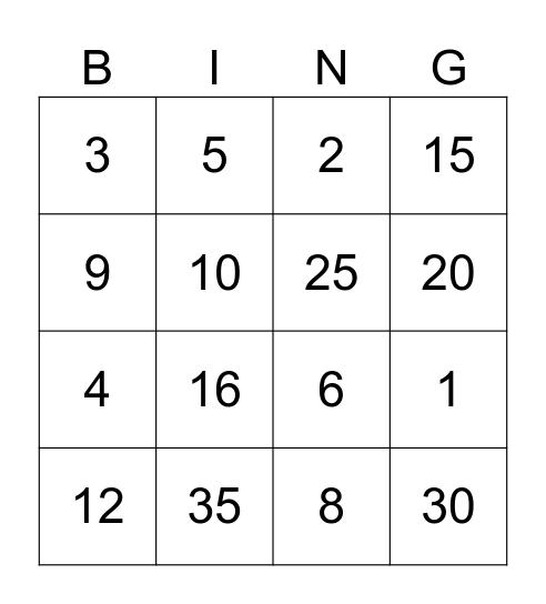 5x5 Multiplication Table (V1) Bingo Card