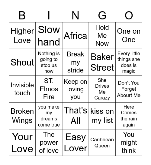 Soft Rock of the 80s Bingo Card