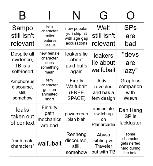 HSR 5.X Discourse Bingo Card