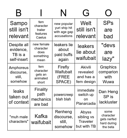 HSR 5.X Discourse Bingo Card