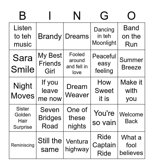 Soft Rock of the 70s Bingo Card
