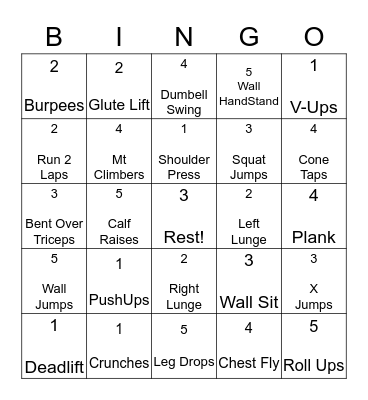 Exercise BINGO! (20 reps each) Bingo Card
