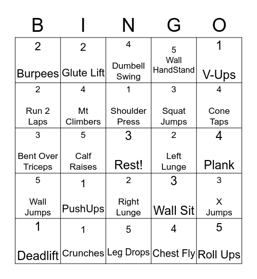 Exercise BINGO! (20 reps each) Bingo Card