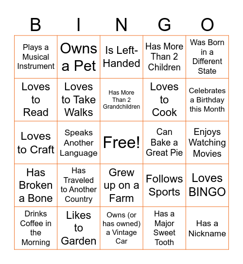 Sunrise Ambassadors & New Resident Bingo Card