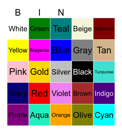 Color Bingo! Bingo Card