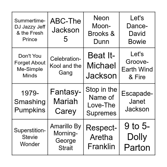 Music Bingo 50's-90's Bingo Card