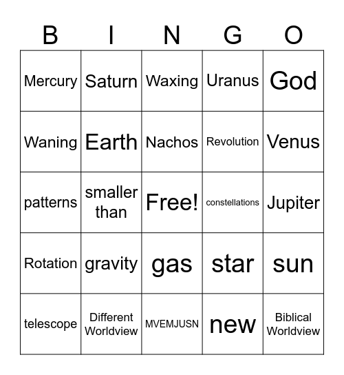 Solar System Bingo Card