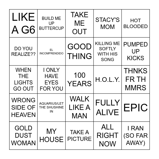 ARTISTS 'F' Bingo Card