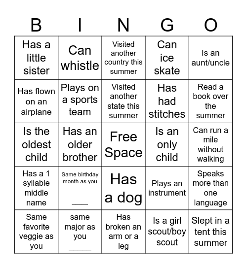 Connection Bingo Card