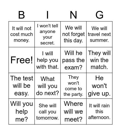 Future with will Bingo Card