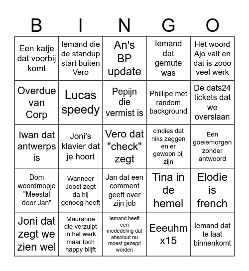 Standup Bingo Card