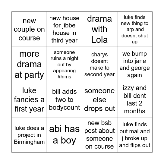 second year bingo Card