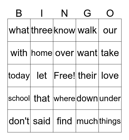 Power Words Bingo Card