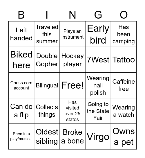 Section B Bingo Card