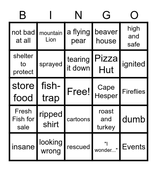 Hatchet Chapter 14 and 15 Bingo Card