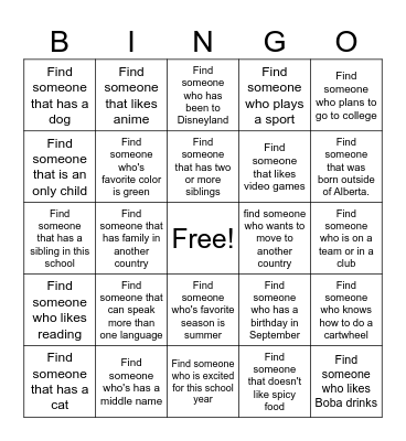 Get to Know Your Classmates Bingo Card
