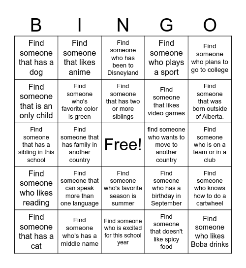 Get to Know Your Classmates Bingo Card