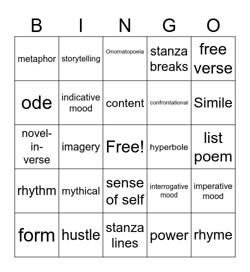 Vocabulary "The Crossover" Lessons 1-7 Bingo Card