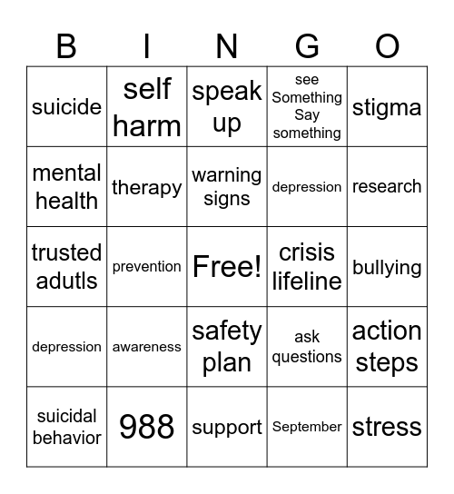 suicide prevention month bingo Card